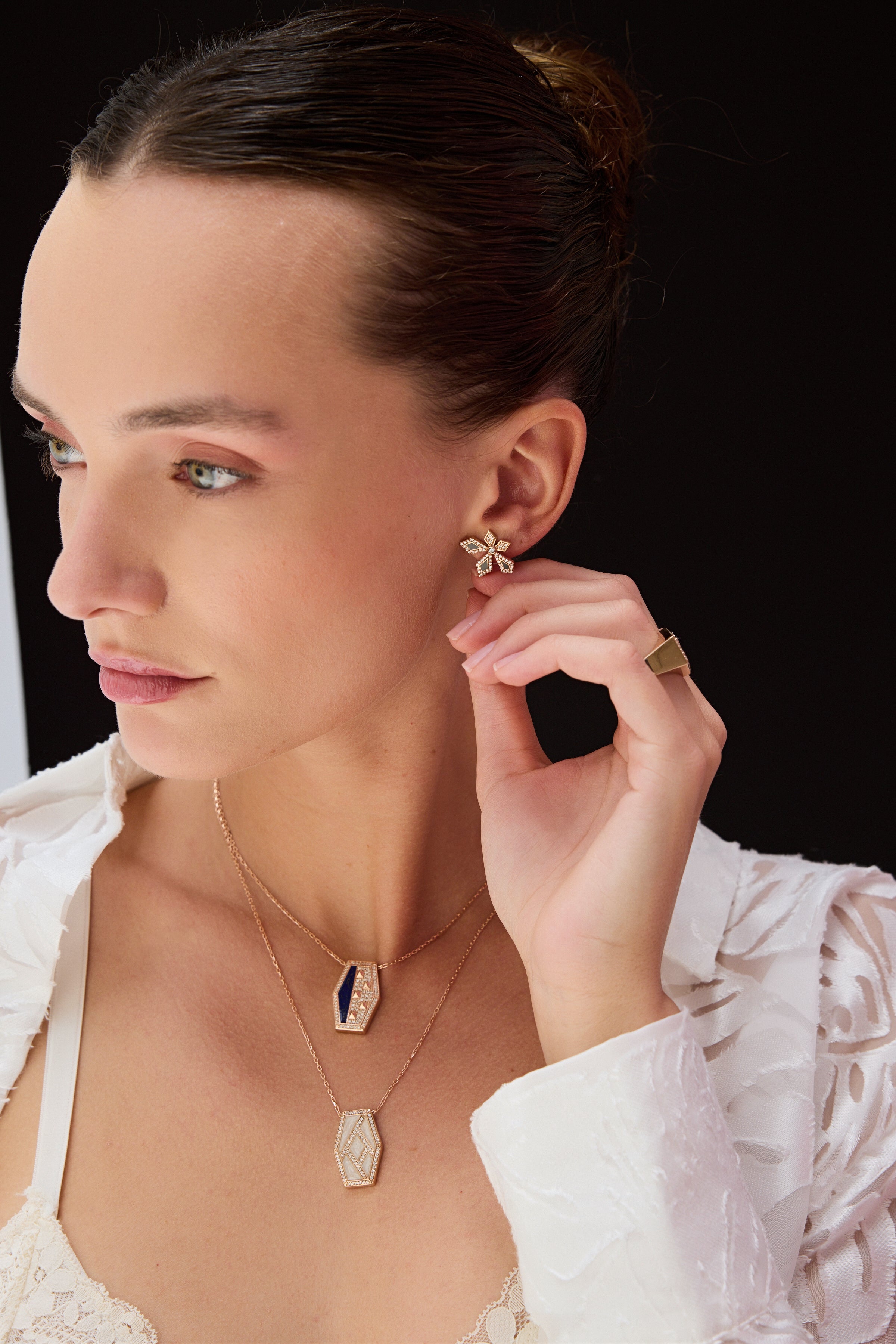 Fiore Diamond Gray Enamel Earring